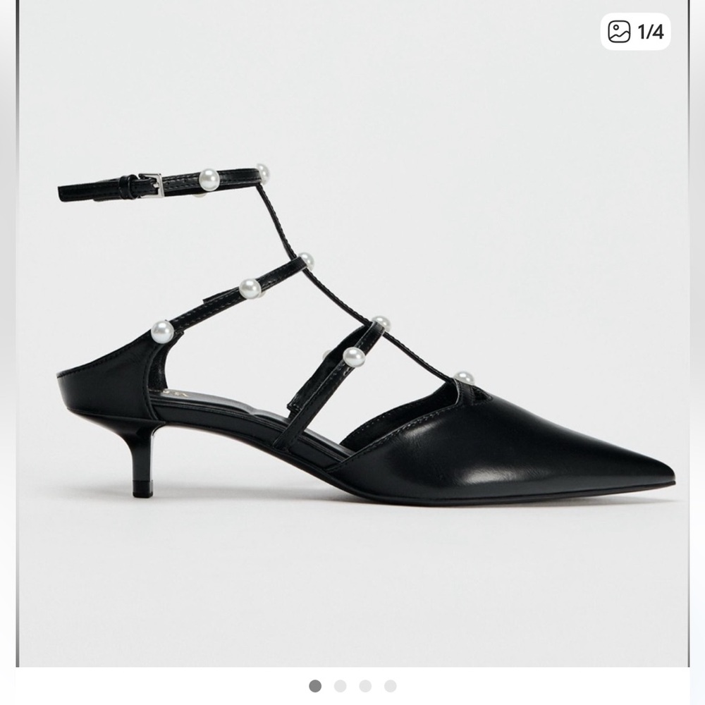 Black Pearl-Embellished Pointed Kitten Heel Slingback